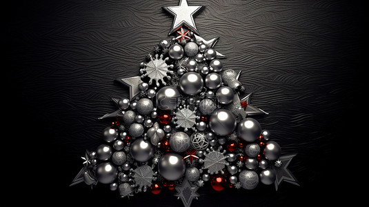 圣诞快乐卡背景图片_一棵由银色星星和装饰品组成的 3D 树，上面写着“圣诞快乐”
