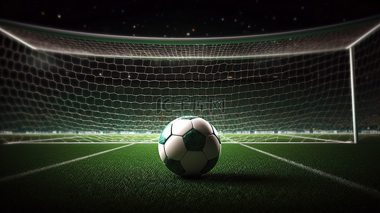 踢足球的网背景图片_目标成就足球 3d 在网中呈现，具有壮观的灯光和体育场背景
