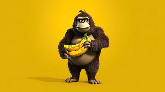 有趣香蕉背景图片_有趣的 3D 大猩猩手里拿着香蕉