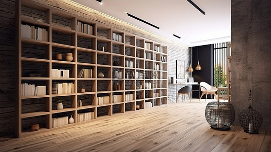 时尚的办公空间，配有装饰墙和木地板上的内置书架 3D 渲染