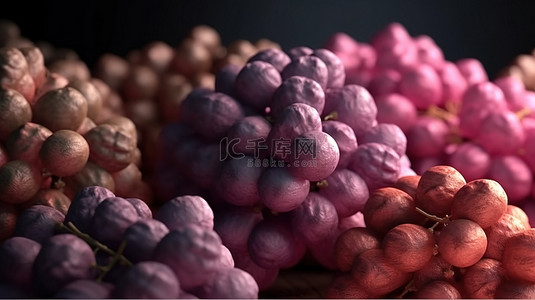 浆果红背景图片_垂直的葡萄串以 3D 呈现紫色和粉红色的光芒四射让人联想到葡萄酒生产的颜色