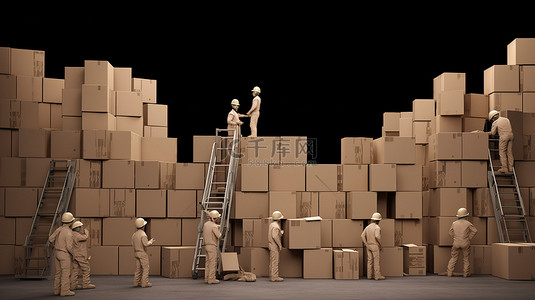 3d 渲染中成堆的纸板箱中的三名工人