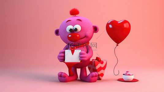 爱心卡通人物背景图片_3D 渲染图像中可爱的情人节卡通人物