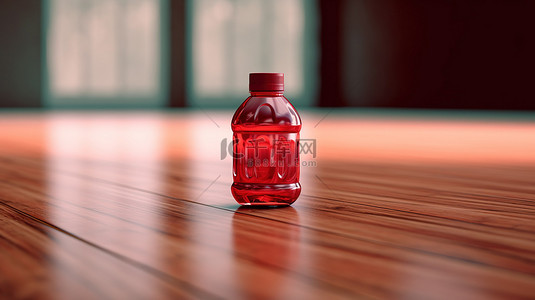 复古照片，桌上有一个红色运动塑料水瓶，采用 3D 渲染创建