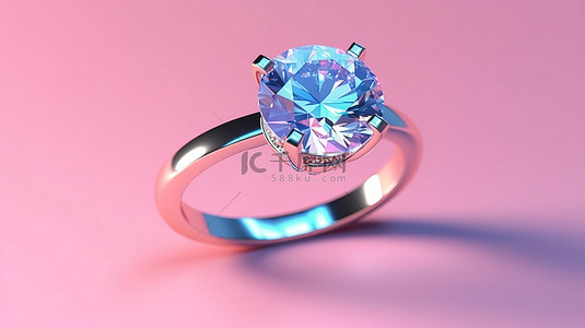 3D 渲染粉红色背景与华丽的蓝色圆形钻石戒指