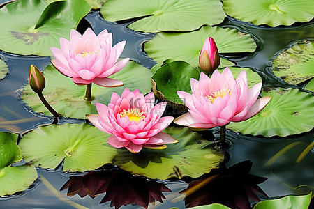 池塘花背景图片_一个池塘，里面有 3 朵粉红色的莲花和叶子