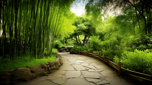 绿色竹林景观石板路自然背景