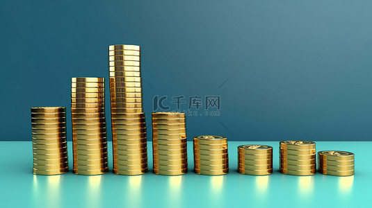 条形图的三维插图，显示蓝色背景下堆叠硬币的货币增长
