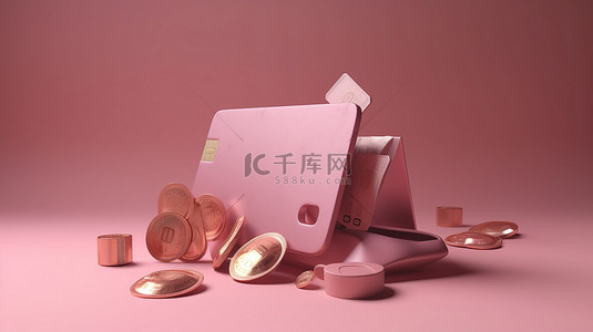 粉红色背景上省钱图标在线交易钱包硬币堆和信用卡的 3D 插图
