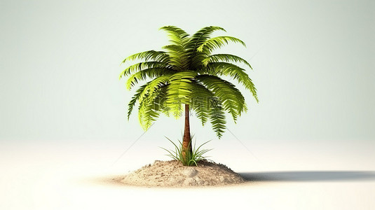 热带天堂 3D 渲染沙滩上的棕榈树，郁郁葱葱的绿叶和草，非常适合您的暑假