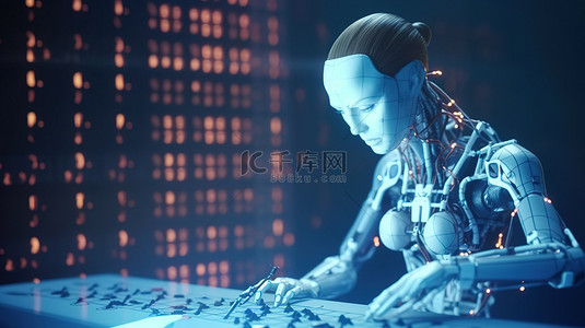 女性机器人使用 3D 渲染进行机器学习和数学问题解决