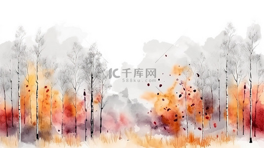 充满艰辛背景图片_水彩森林中充满活力的秋天颜色白杨和桦树在抽象插图中占据中心舞台