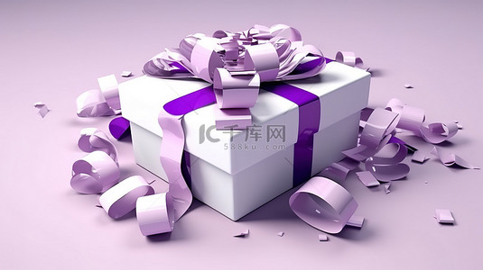 用紫色和白色蝴蝶结打开礼物的 3D 渲染插图