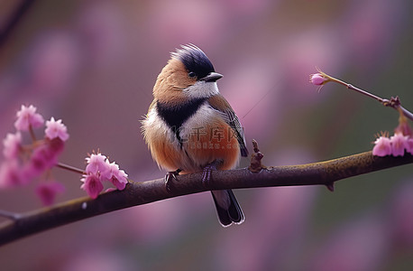 春天，一只小鸟坐在树枝上