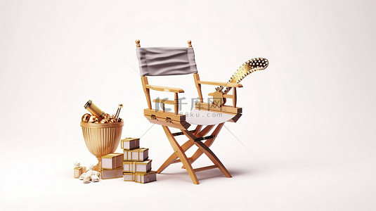 白色背景上金奖杯导演椅电影拍板和扩音器的 3D 渲染