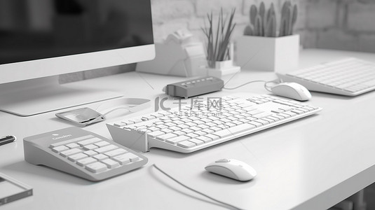 特写桌面背景图片_时尚的白色办公桌，配有电脑键盘鼠标和配件，特写 3D 渲染
