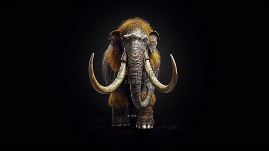 探险设计背景图片_黑色背景展示了 3D 渲染的猛犸象和充满活力的黄色框架