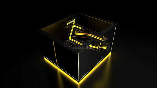 3d 框图标，带有指向左下角的轮廓黄色箭头，象征方向3d 渲染