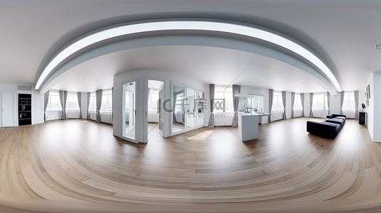 3D 渲染宽敞的现代室内房间与 360 度全景