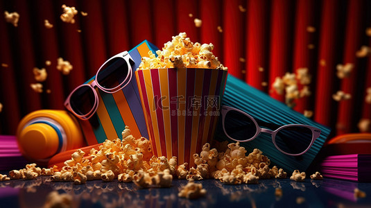 电影院爆米花海报背景图片_充满活力的电影体验与 3D 眼镜爆米花和场记板背景