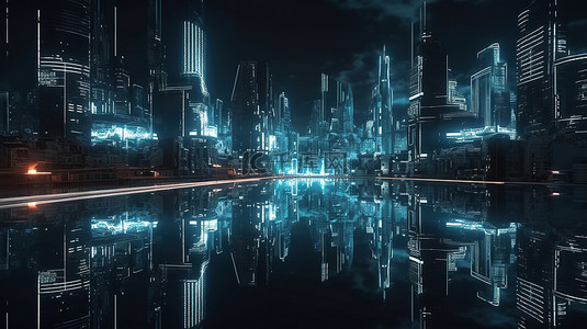 未来主义的网络城市景观是黑暗科技时代充满活力的大都市的 3d 渲染，具有发光的灯光反射和网络