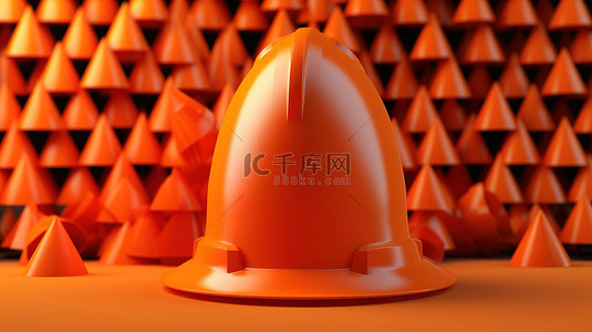 正在建设中的交通锥和安全头盔的 3D 插图在充满活力的橙色背景