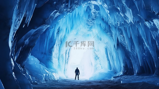 蓝色水晶冰洞在 3D 渲染中勾勒出一个男人的轮廓