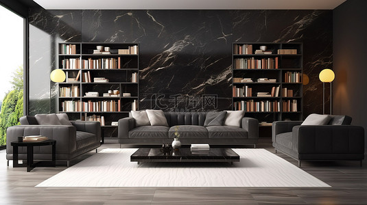 现代客厅的 3D 渲染，配有黑色大理石墙壁皮革沙发套装和书架