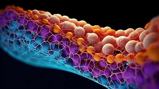 糖蛋白双层细胞膜横截面内离子通道的 3D 渲染