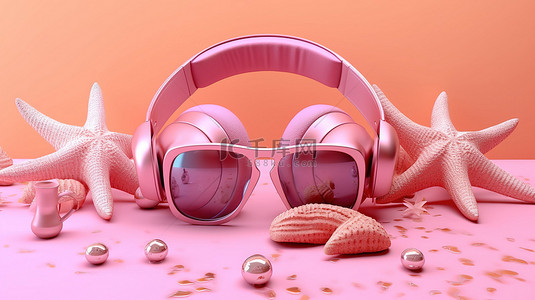 粉红色海滩上的夏日幸福耳机太阳镜海星贝壳充气环和人字拖 3D 渲染装饰