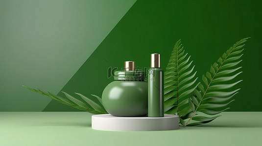 护肤品绿色背景背景图片_绿色背景下 3D 渲染中的绿叶装饰化妆品瓶讲台