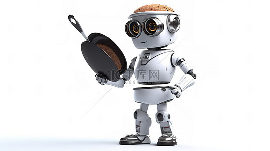 机器人厨师用煎锅烹饪，在白色背景上进行 3D 渲染