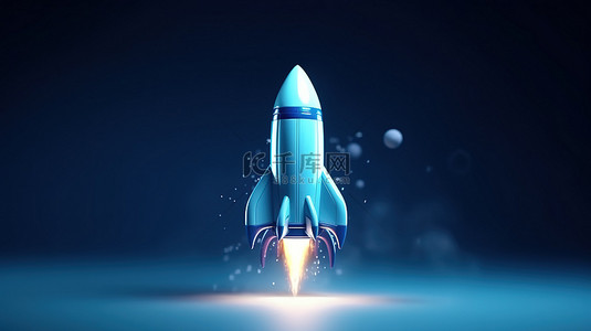 3d 渲染的启动火箭图标在蓝色背景下起飞