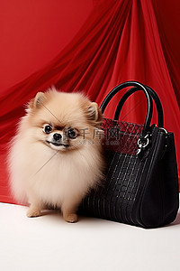 小博美犬放在自己的手提包和其他包里