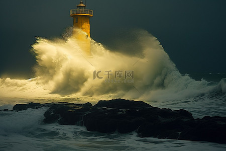 海浪灯塔背景图片_风雨交加的夜晚，巨浪冲过灯塔