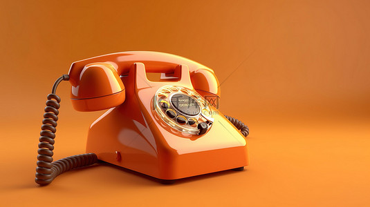 3D 渲染中的复古旋转电话复古橙色和米色美学