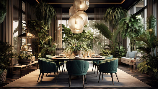 豪华餐厅的 3D 渲染，设计精美，提供卓越的服务和绿色植物