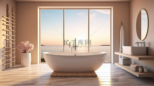 现代浴室的 3D 渲染，靠近窗户，配有独立式浴缸