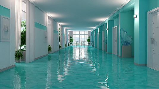 水地板走廊设计概念3D渲染