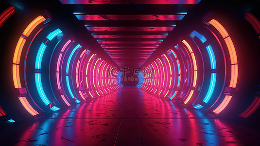 高清光圈背景图片_明亮的未来隧道，带有彩色几何 3D 插图