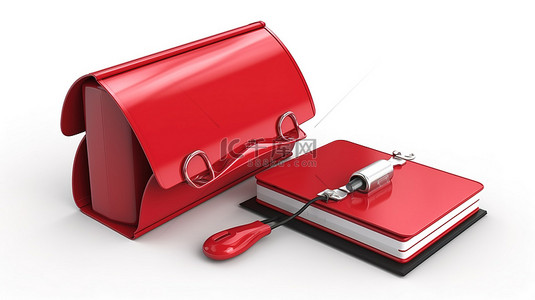 文件夹上的白纸背景图片_白色背景上红色文件夹文件柜和电脑鼠标的渲染 3D 图像