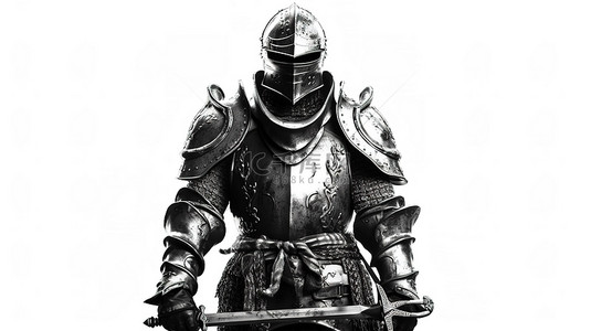 中世纪骑士盔甲和剑设置在 3D 渲染隔离在白色背景