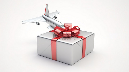 一架白色喷气式客机从白色背景上饰有红丝带和蝴蝶结的礼品盒中出现的 3D 渲染