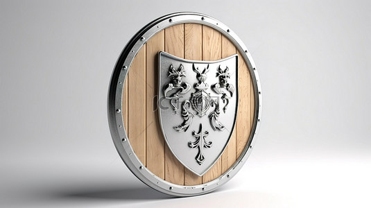 木质框背景图片_中世纪盾牌，黑白木质饰面 3D 渲染插图