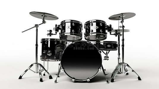 时尚黑色鼓套件的 3D 渲染，用于白色背景上的专业摇滚表演