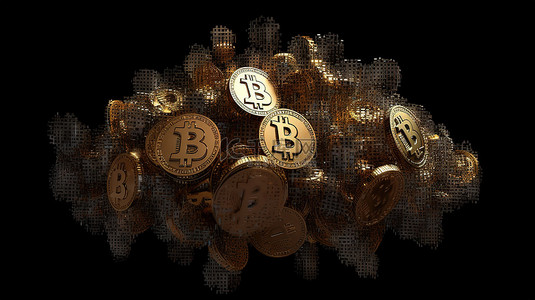 3d 中的比特币标志，黑色背景下有大量金属硬币