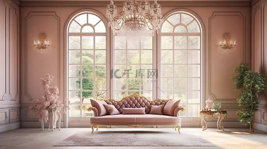 客厅古典背景图片_水晶吊灯装饰古典客厅，3D 渲染中风景优美，自然背景模糊