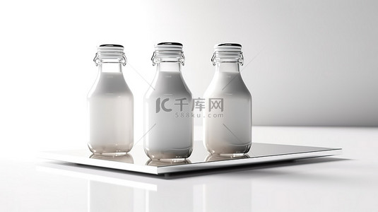 白色背景下讲台上孤立牛奶饮料瓶的 3D 渲染