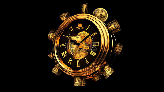 时间就是金钱黑色背景上的金色美元符号与时钟 3D 插图