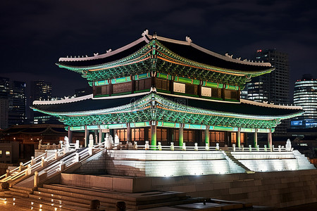 一座大寺庙在夜晚被照亮，背后是城市景观